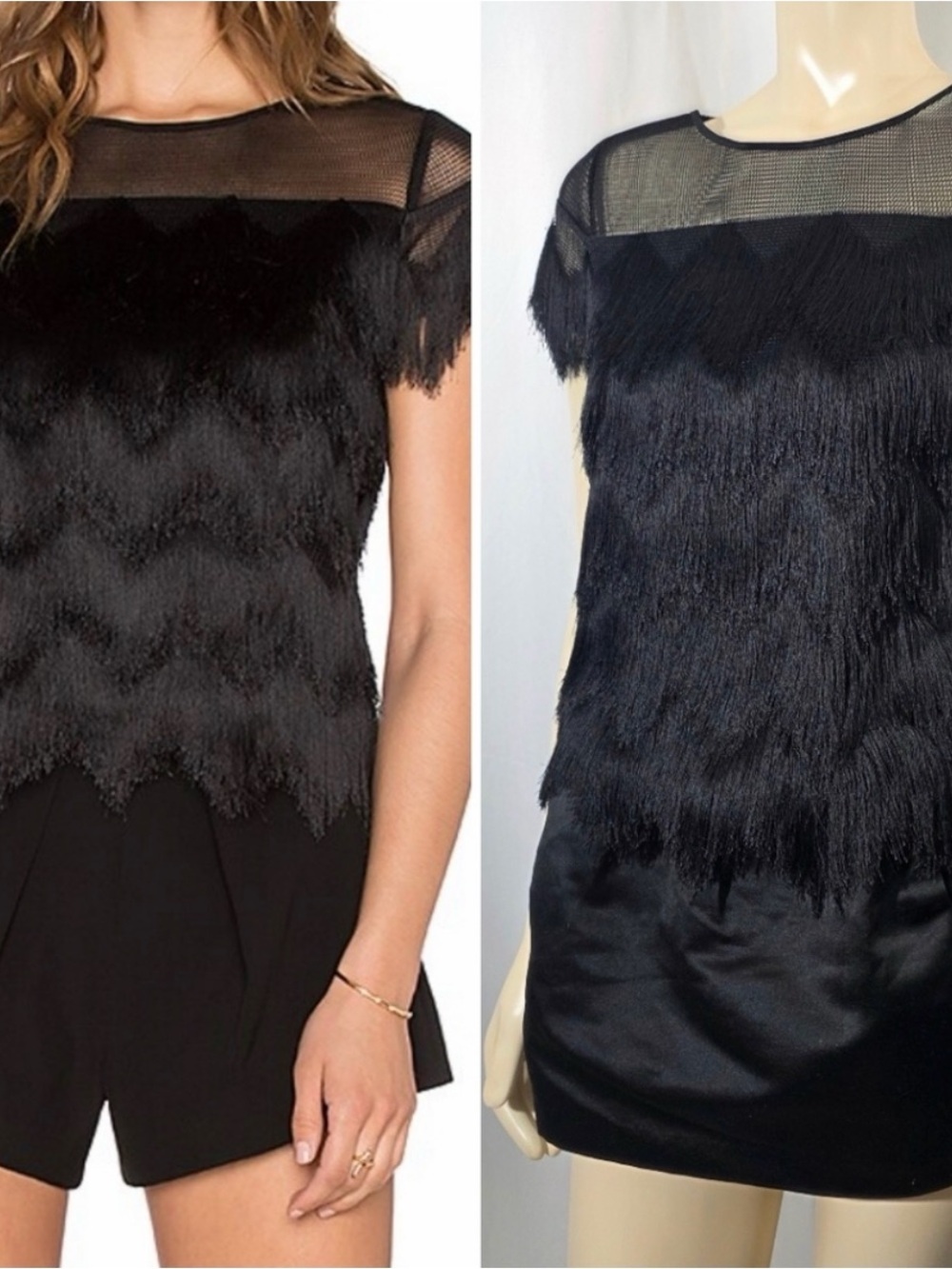 Black Fringe Mesh Women's Top